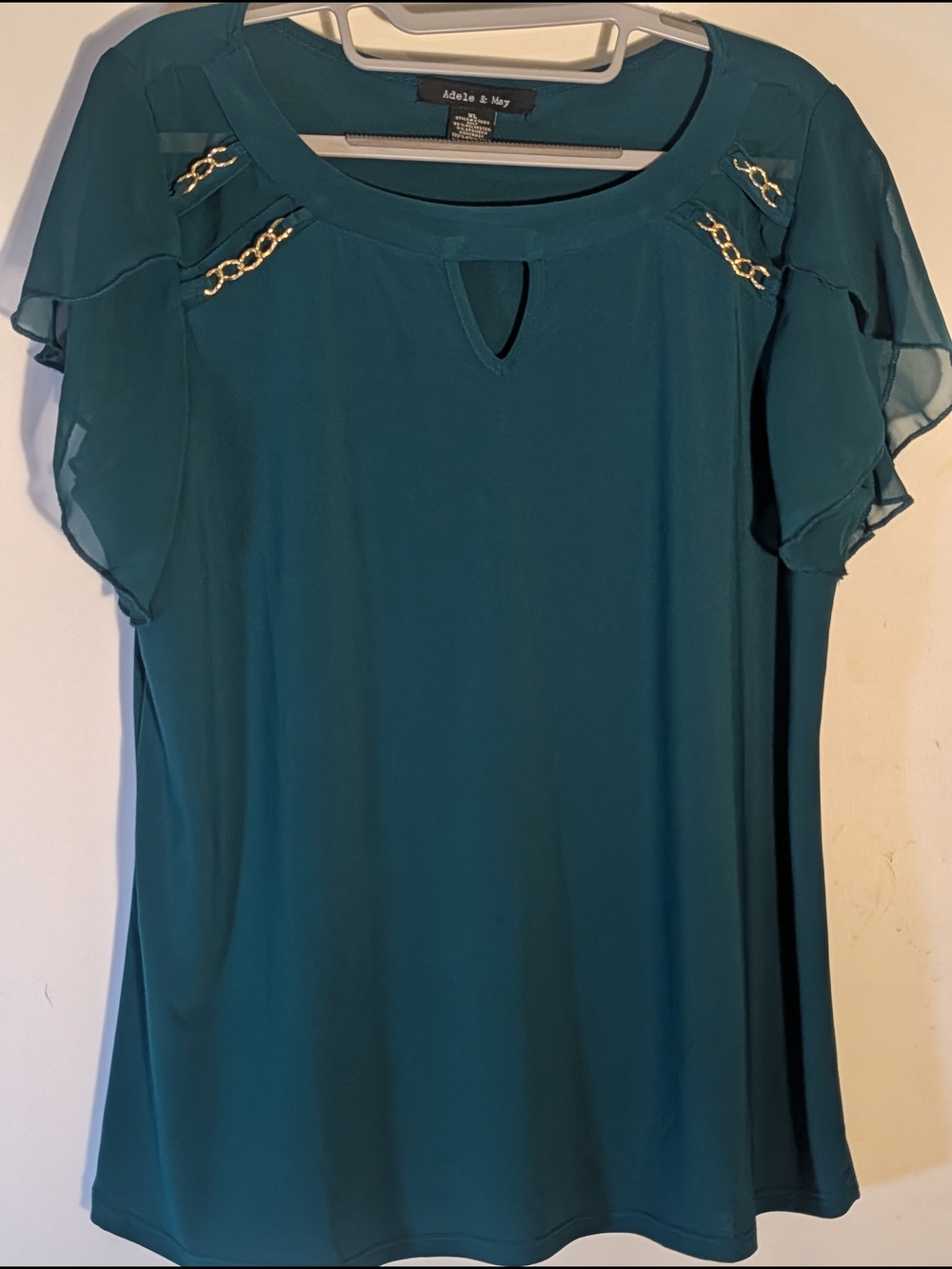 Adele & May Teal Flutter-Sleeve Blouse with Gold Chain Accents
